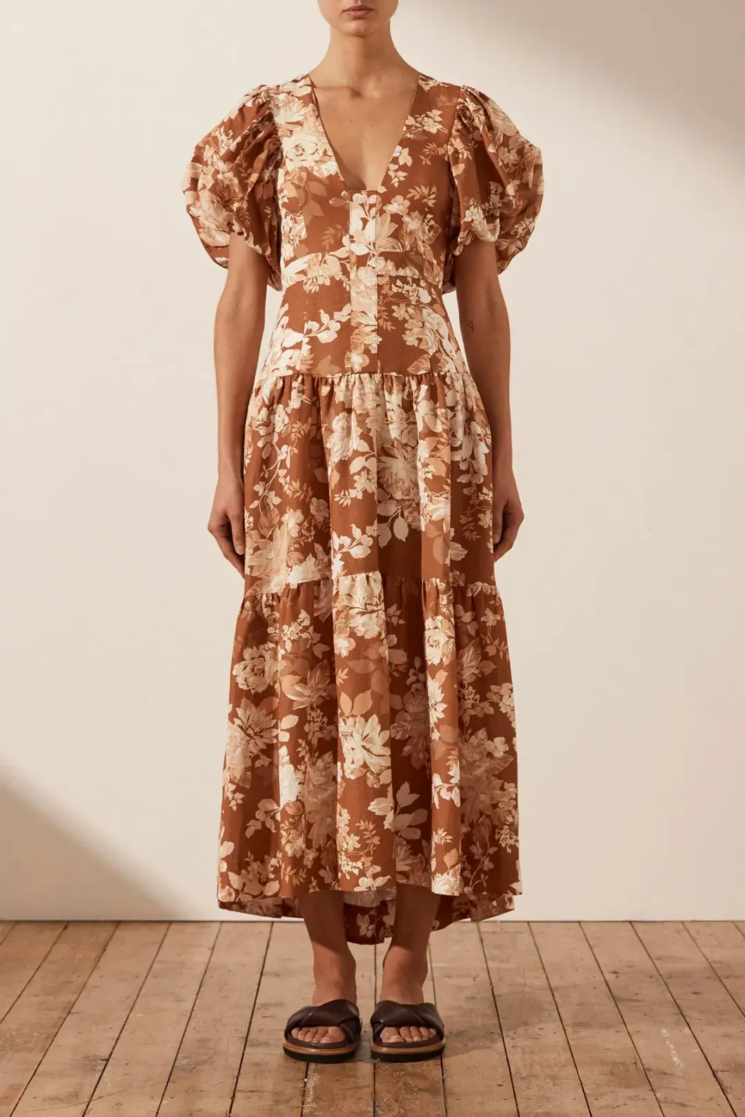 Shona Joy Capucine Linen Plunged Short Sleeve Midi Dress Almond Size 10 / M for rent on The Volte - main image