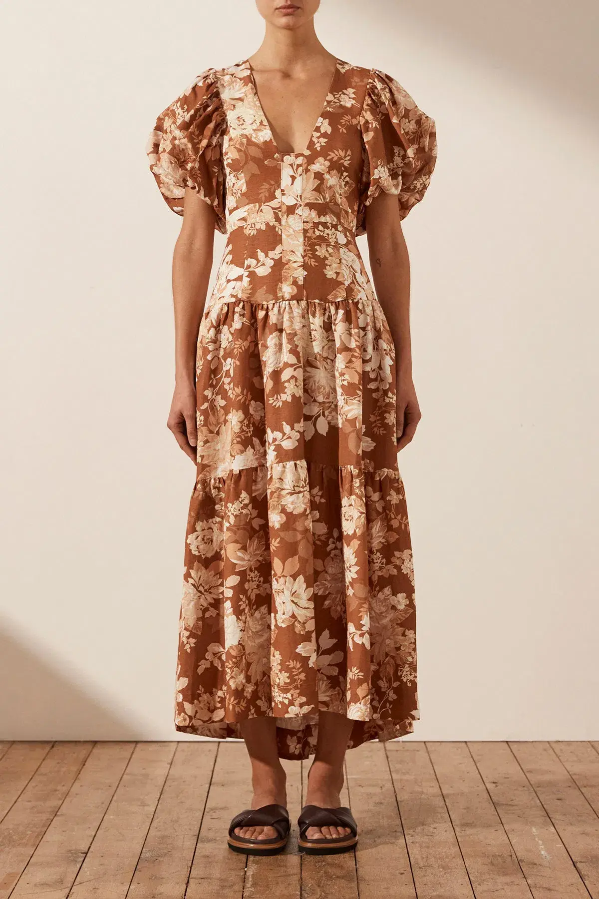 Shona Joy Capucine Linen Plunged Short Sleeve Midi Dress Almond Size 10 / M - Image 1