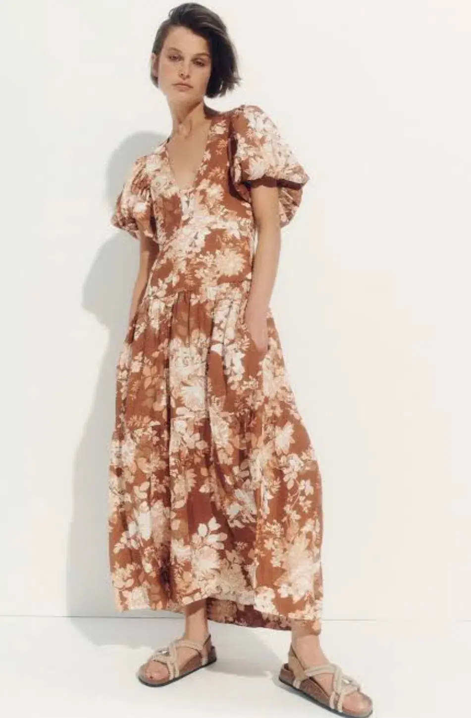 Shona Joy Capucine Linen Plunged Short Sleeve Midi Dress Almond Size 10 / M for rent on The Volte - main image