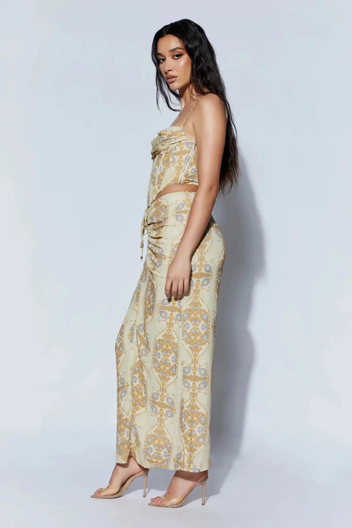 Meshki Cyra Corset Top And Afra Front Ruched Midi Skirt Persian Print Beige Size AU 8 - Image 2