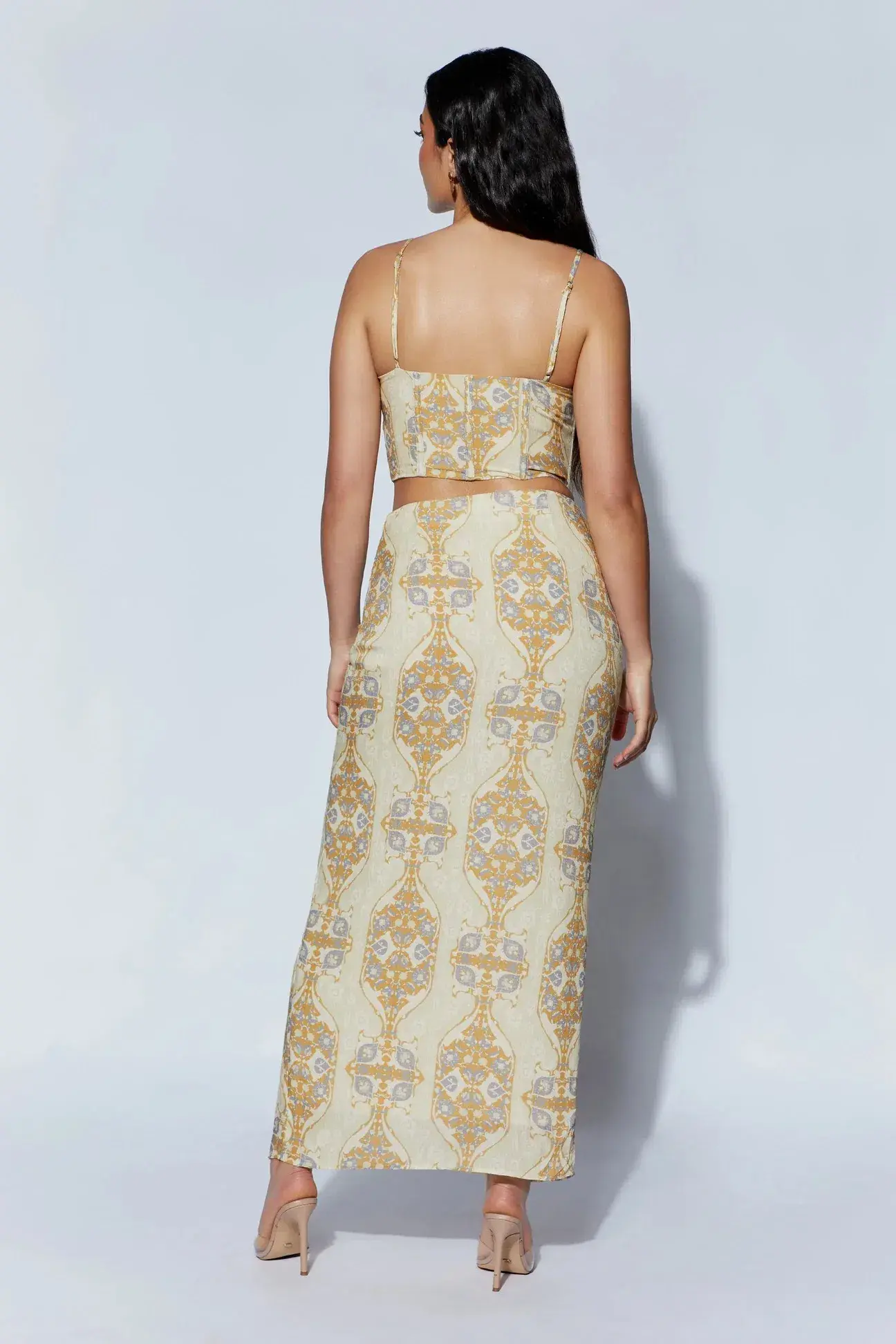 Meshki Cyra Corset Top And Afra Front Ruched Midi Skirt Persian Print Beige Size AU 8 - Image 3