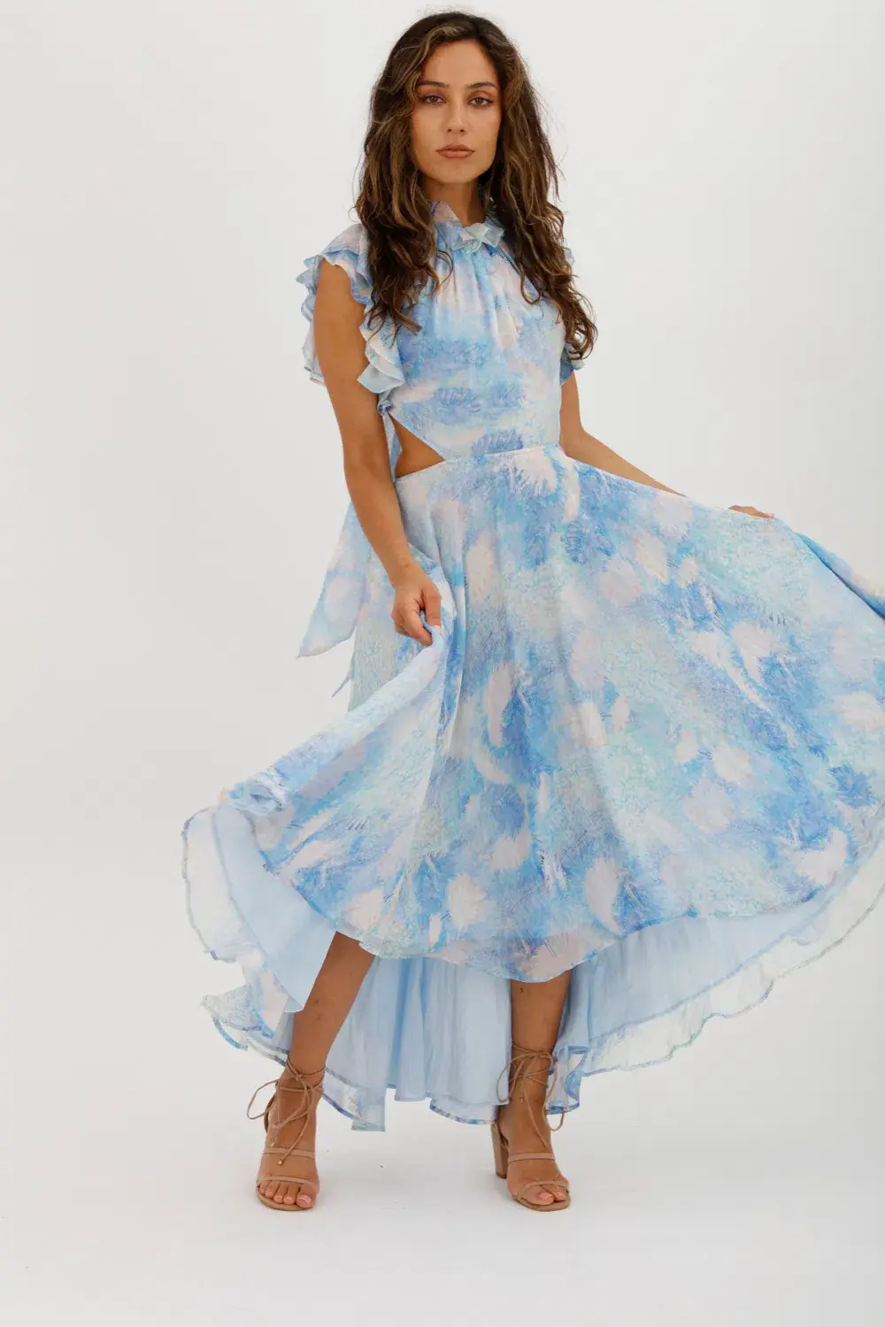 Leo Lin Oceana Open-back Gathered Printed Silk-chiffon Midi Dress In Blue Size AU 10 - Image 1