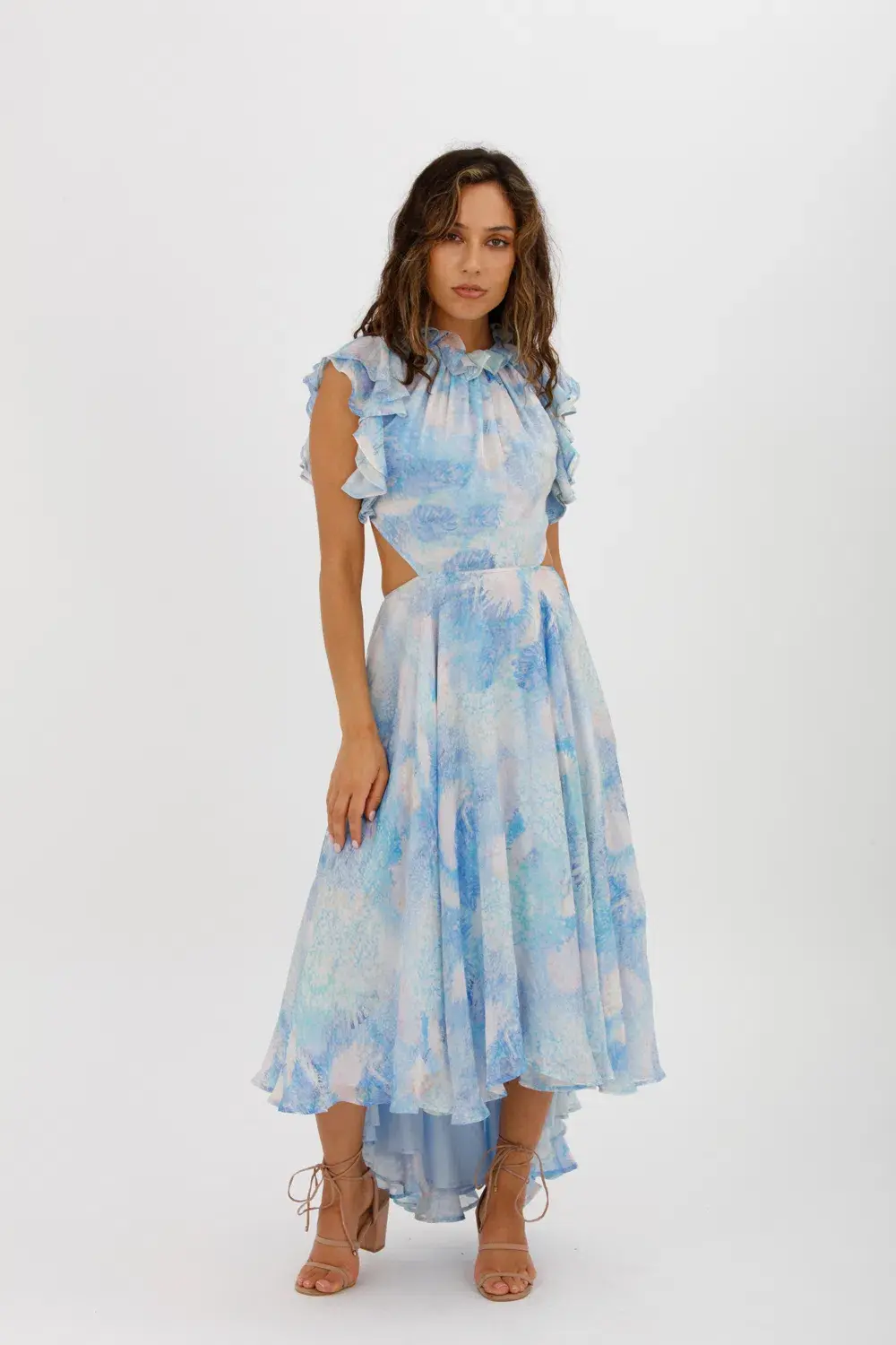 Leo Lin Oceana Open-back Gathered Printed Silk-chiffon Midi Dress In Blue Size AU 10 - Image 5