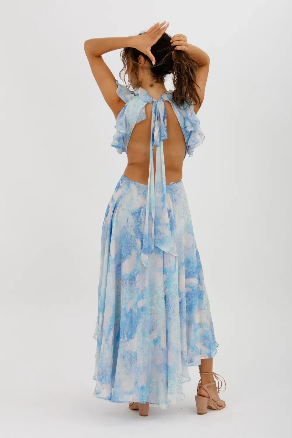 Leo Lin Oceana Open-back Gathered Printed Silk-chiffon Midi Dress In Blue Size AU 10 - Image 3