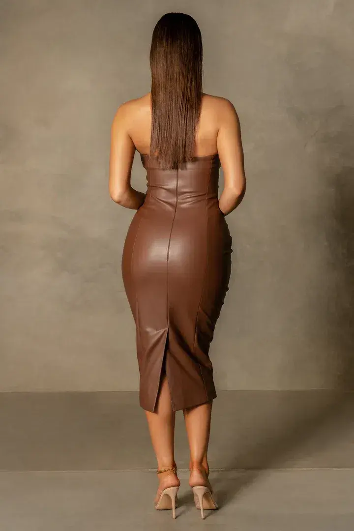 Meshki Pamela Strapless Faux Leather Dress Brown Size AU 8 - Image 1