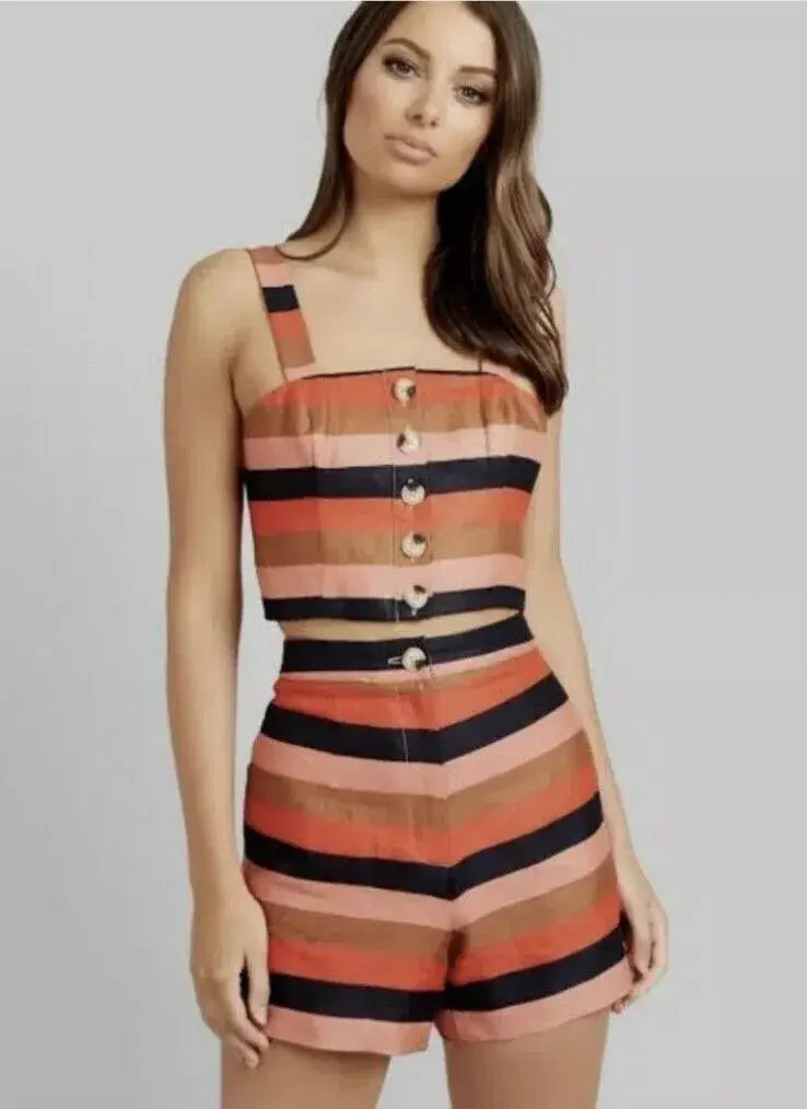 Kookai Fiesta Stripes Linen Cropped Top And Shorts Orange Size 38/ AU 10 - Image 1