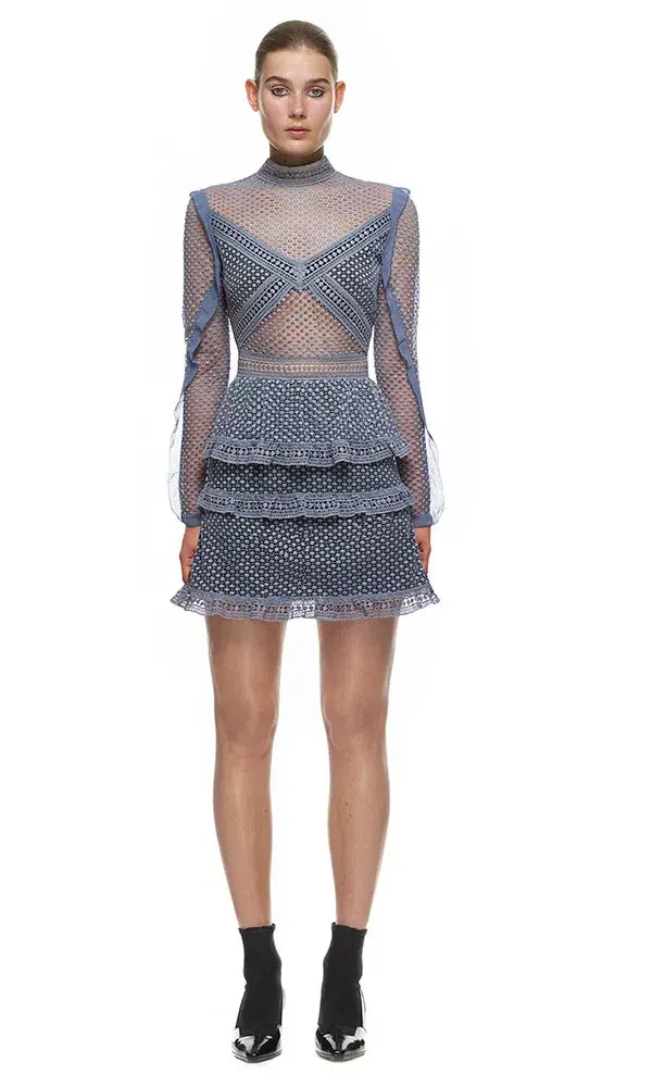 Self Portrait Dot Mesh Tiered Mini Dress Grey Size AU 6 - Image 1