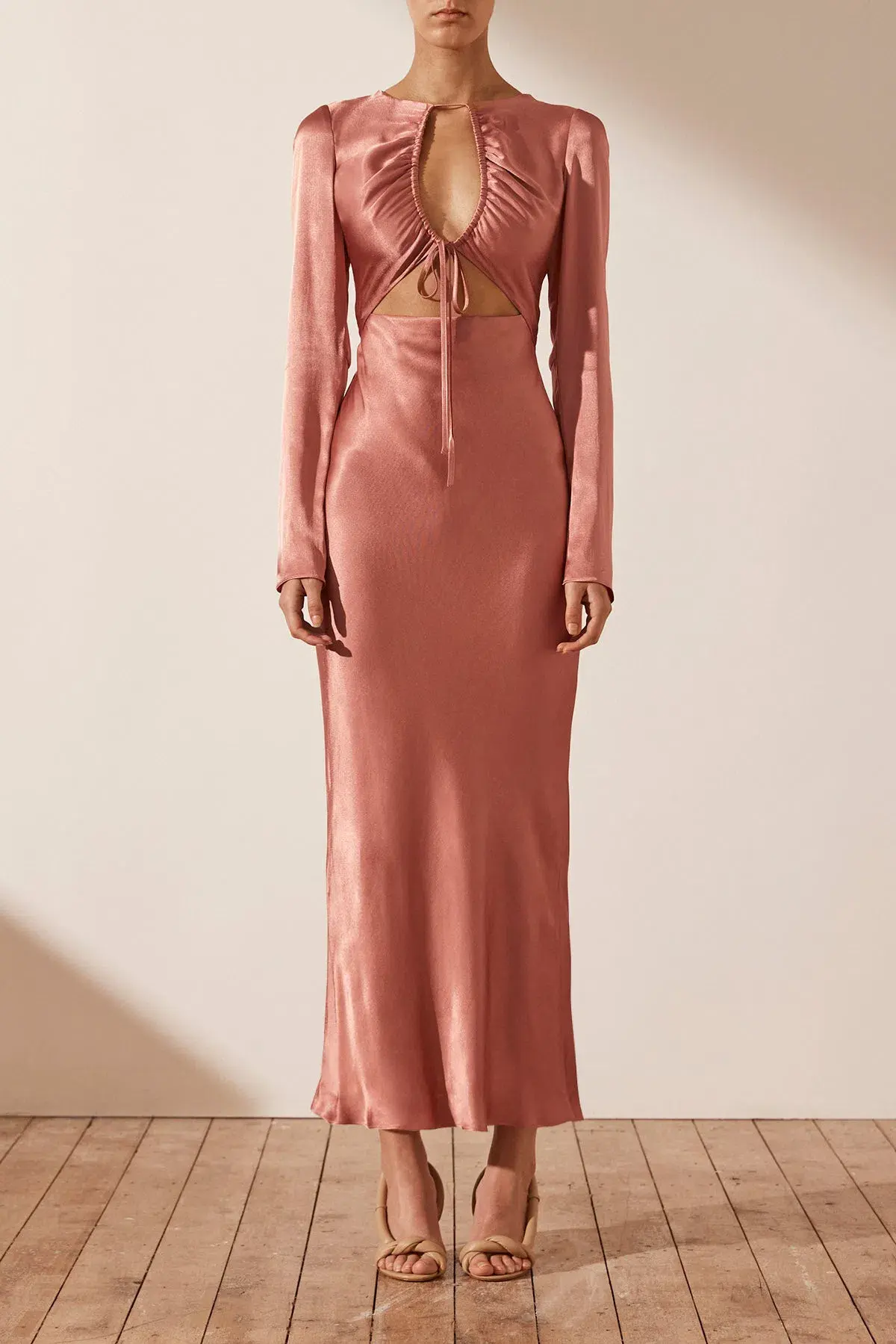 Shona Joy Angelica Long Sleeve Cut Out Front Midi Dress in Rouge Pink Size AU 10 - Image 1
