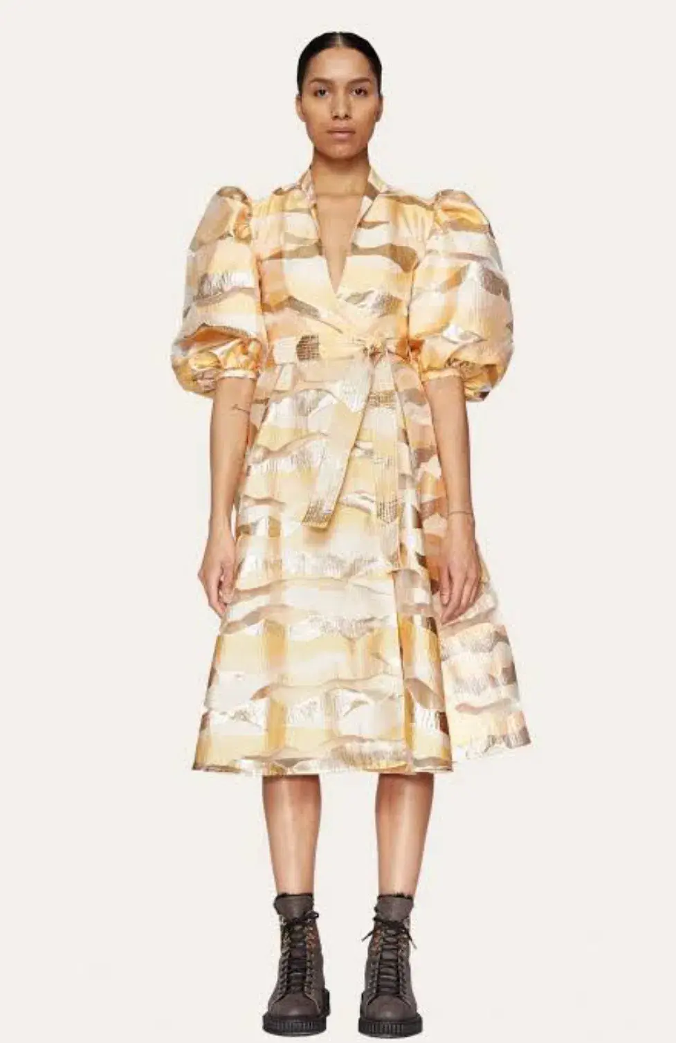 Stine Goya Belinda Gold Horizon Puff Sleeve Midi Dress Gold Size XS/AU 4 for rent on The Volte - main image