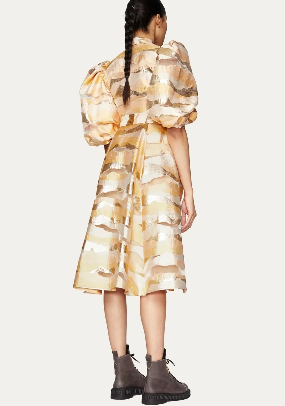 Stine Goya Belinda Gold Horizon Puff Sleeve Midi Dress Gold Size XS/AU 4 for rent on The Volte - main image