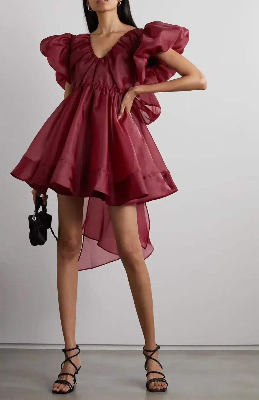 Aje Gretta Organza Mini Dress Burgundy Size 6 / XS for rent on The Volte - main image