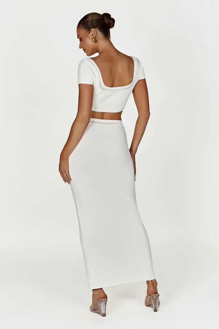 MESHKI Penelope Pointelle Knit Crop Top and Maxi Skirt Set in White Size S / Au 8 for rent on The Volte - main image