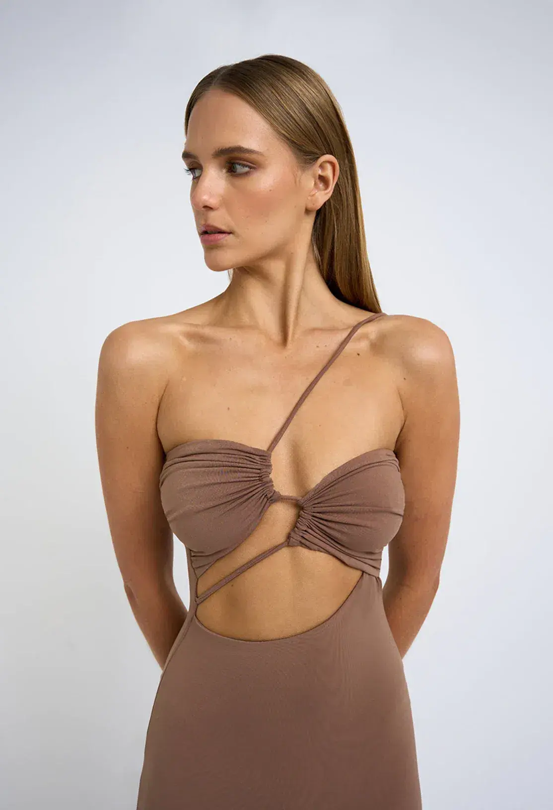 By Johnny Siya Slice Gather Midi Dress Tan Size 12 / L - Image 2