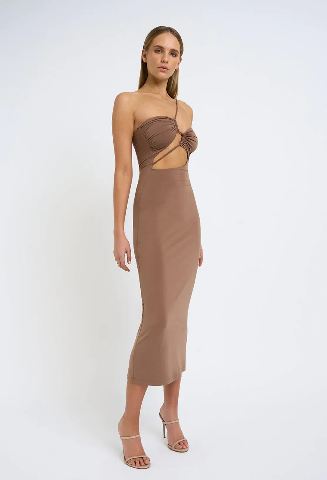 By Johnny Siya Slice Gather Midi Dress Tan Size 12 / L - Image 1