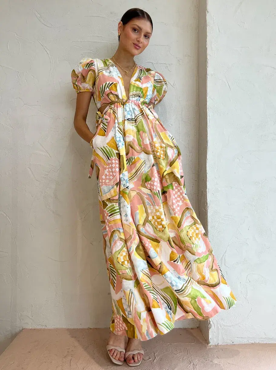 By Nicola Ahoy Plunge Neckline Maxi Dress in Swirl Check Size 14  - Image 1