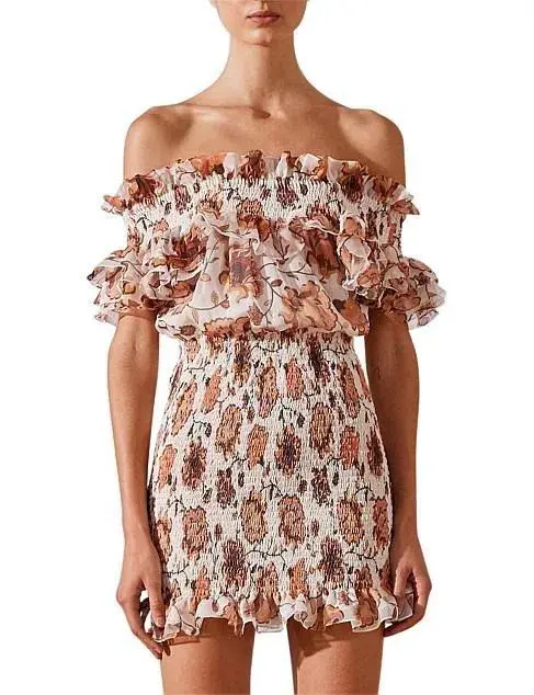 Shona Joy Baez Off The Shoulder Shirred Mini Dress Print Size 8 for rent on The Volte - main image