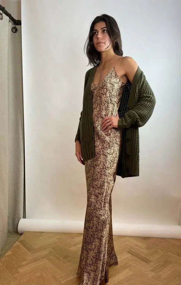 Nili Lotan Cami Gown Fall Leaf Print Brown Size AU 6 - Image 3