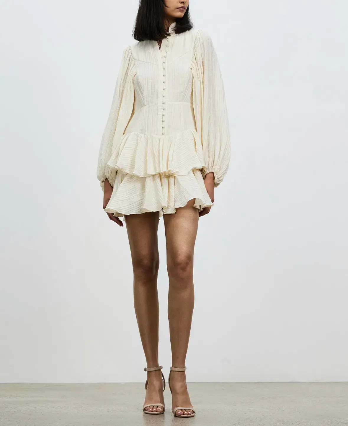 Shona Joy Mila Balloon Sleeve Frill Mini Dress Tofu Cream Size AU 6 - Image 1