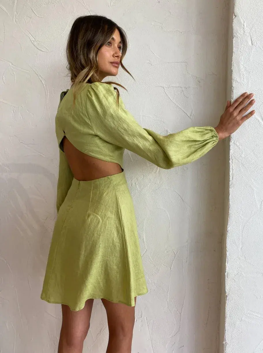 The Wolf Gang Safi Linen Cut Out Dress in Pistachio Size XS / AU 6 for rent on The Volte - main image