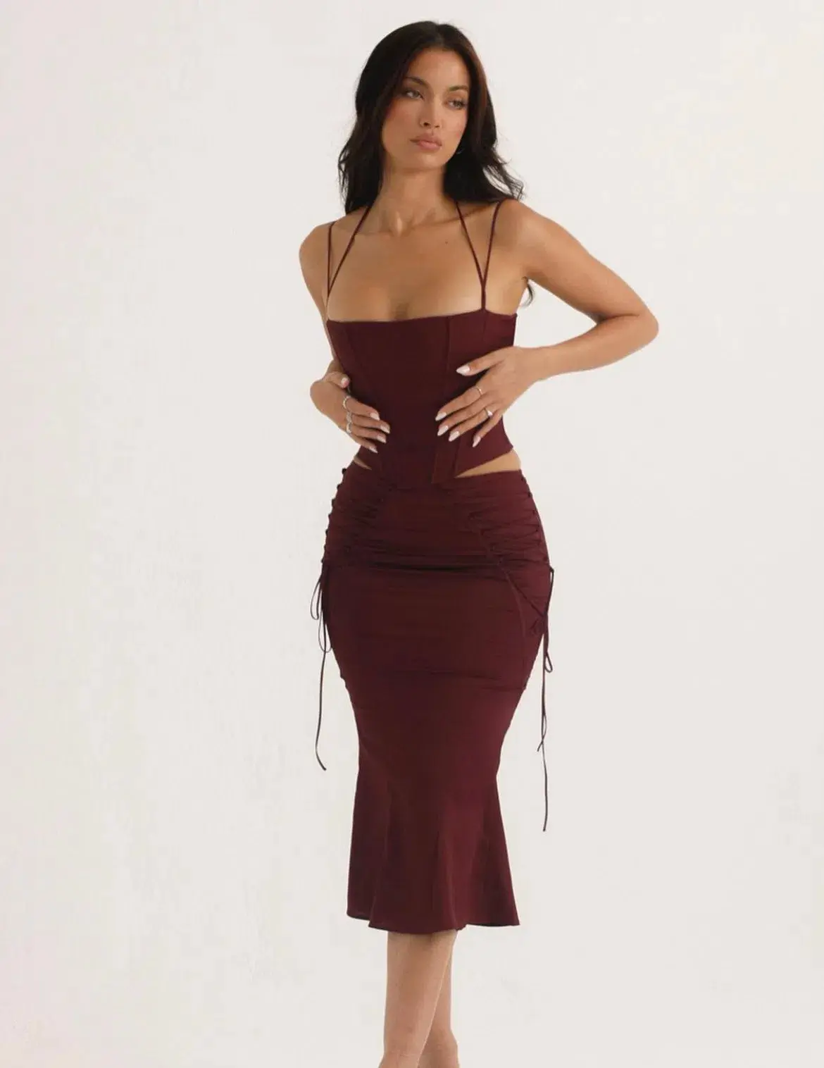 House Of CB Chantelle Corset and Sidonie Midi Skirt Set Burgundy Size AU 8 - Image 1
