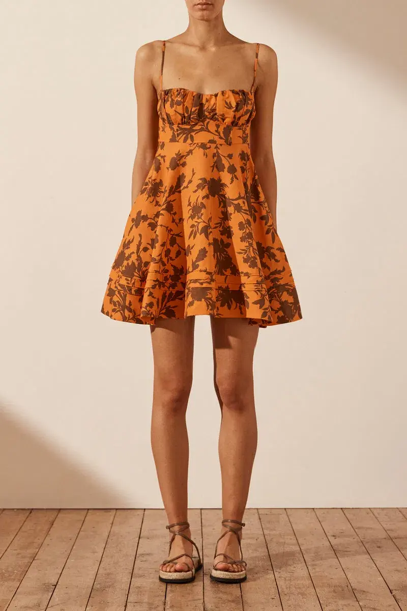 Shona Joy Uli Linen Corded Circle Mini Dress Orange Print Size 12 - Image 1