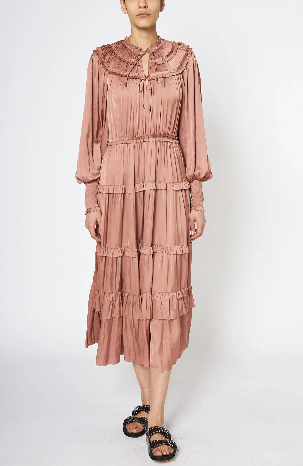 Ulla Johnson Serena Ruffled Satin Midi Dress Copper Pink Size 10 - Image 1