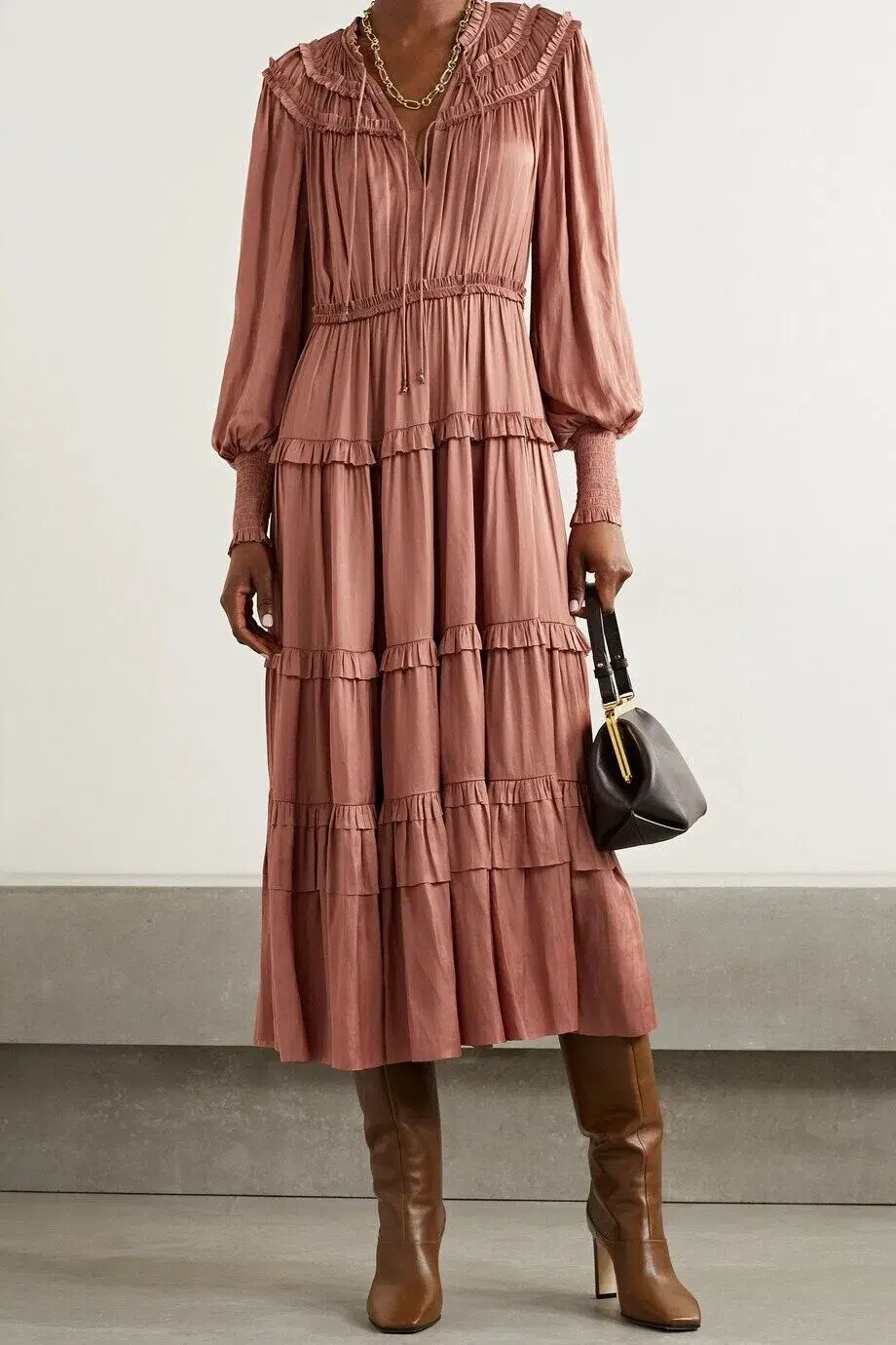 Ulla Johnson Serena Ruffled Satin Midi Dress Copper Pink Size 10 - Image 2