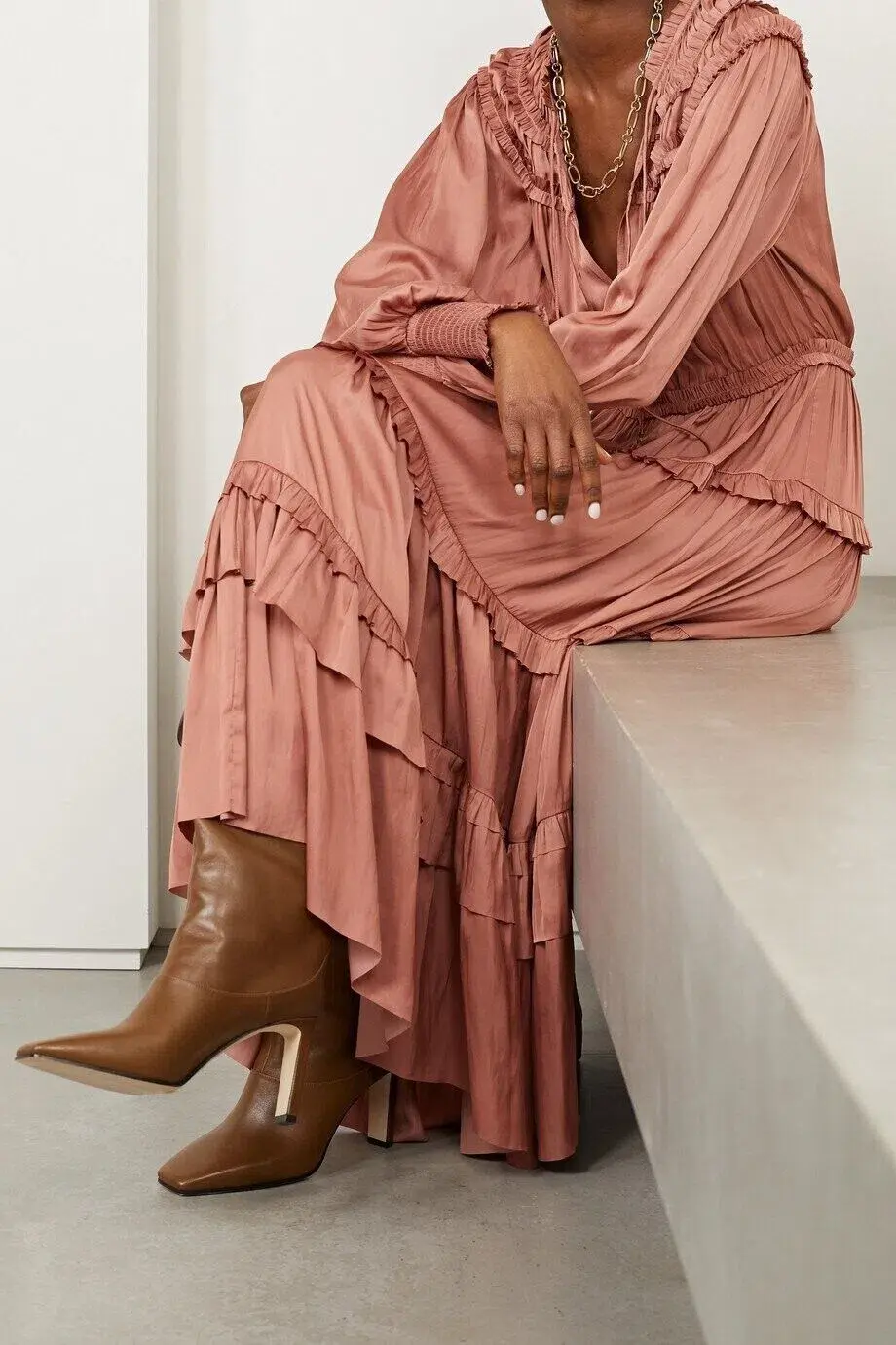 Ulla Johnson Serena Ruffled Satin Midi Dress Copper Pink Size 10 - Image 5