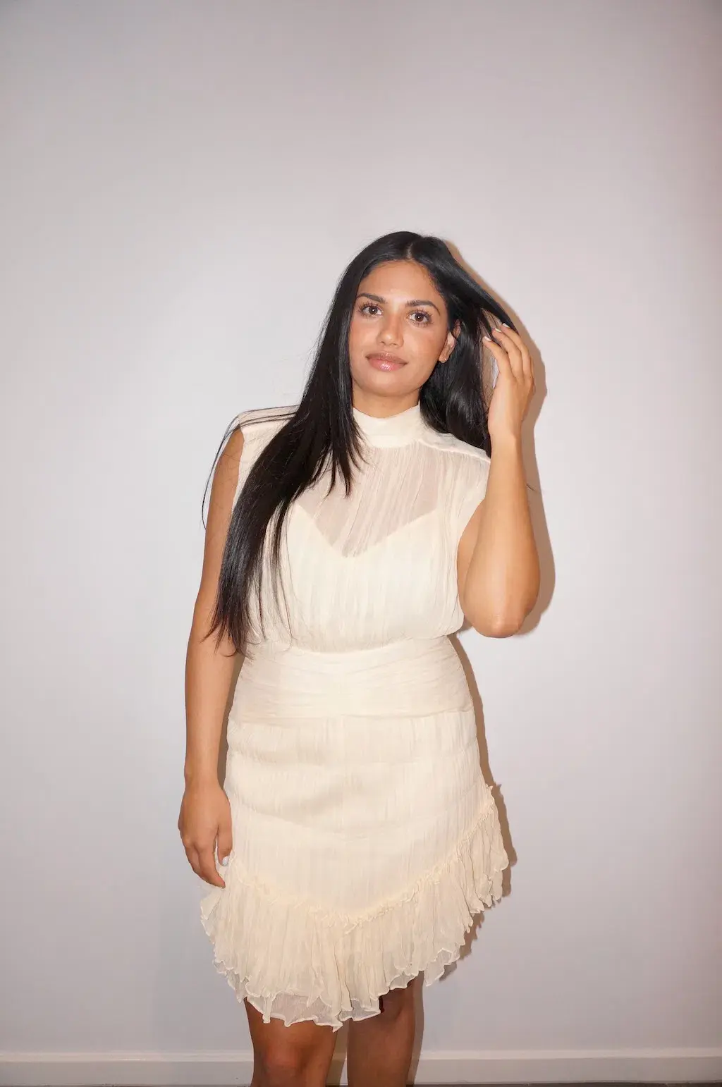 Shona Joy Victoria Sleeveless Ruched Mini Dress Cream Size 14 for rent on The Volte - main image