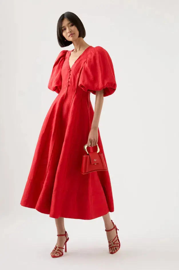 Aje Dusk Puff Sleeve Midi Dress Red Size 12 / L - Image 1
