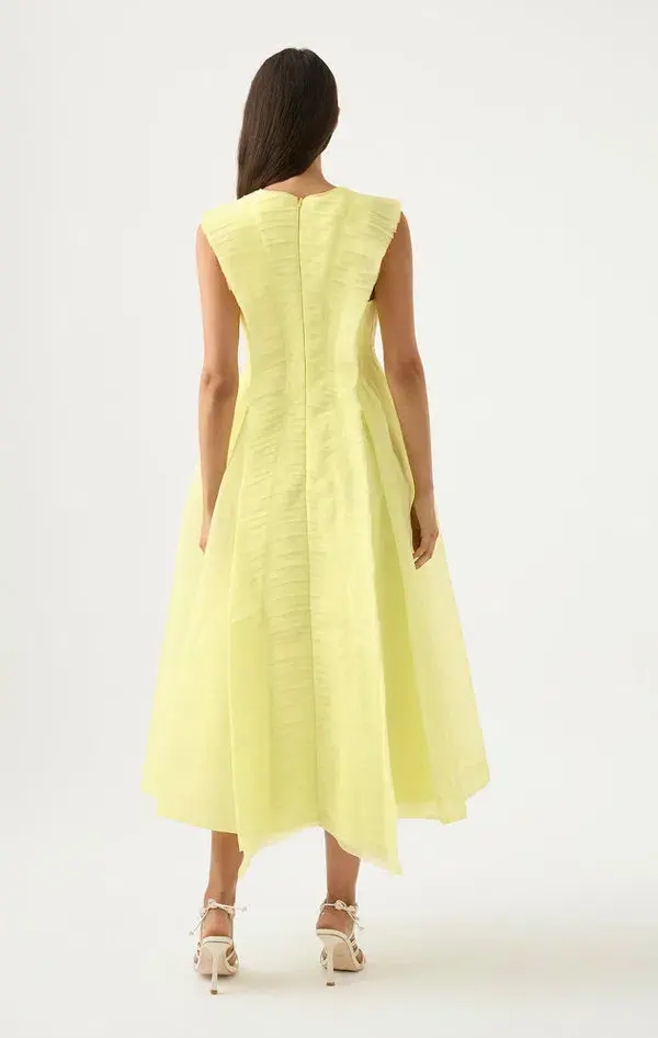 Aje Astrid Pleat Panel Midi Dress Yellow Size 12 / L for rent on The Volte - main image