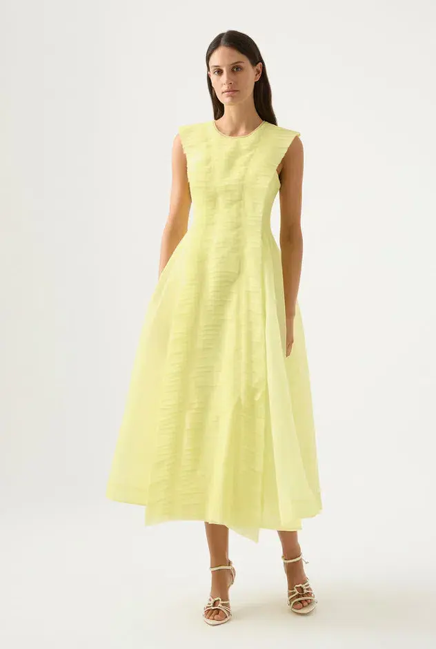 Aje Astrid Pleat Panel Midi Dress Yellow Size 12 for rent on The Volte - main image