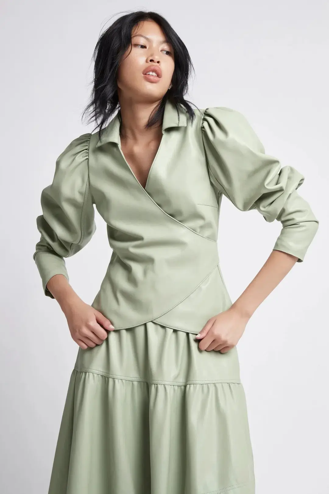 Aje Idyllic Wrap Top and Skirt Set Dusty Sage Green Size 6 for rent on The Volte - main image