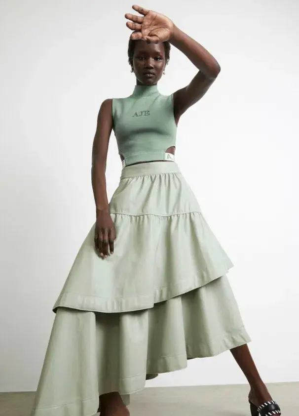 Aje Idyllic Wrap Top and Skirt Set Dusty Sage Green Size 6 for rent on The Volte - main image