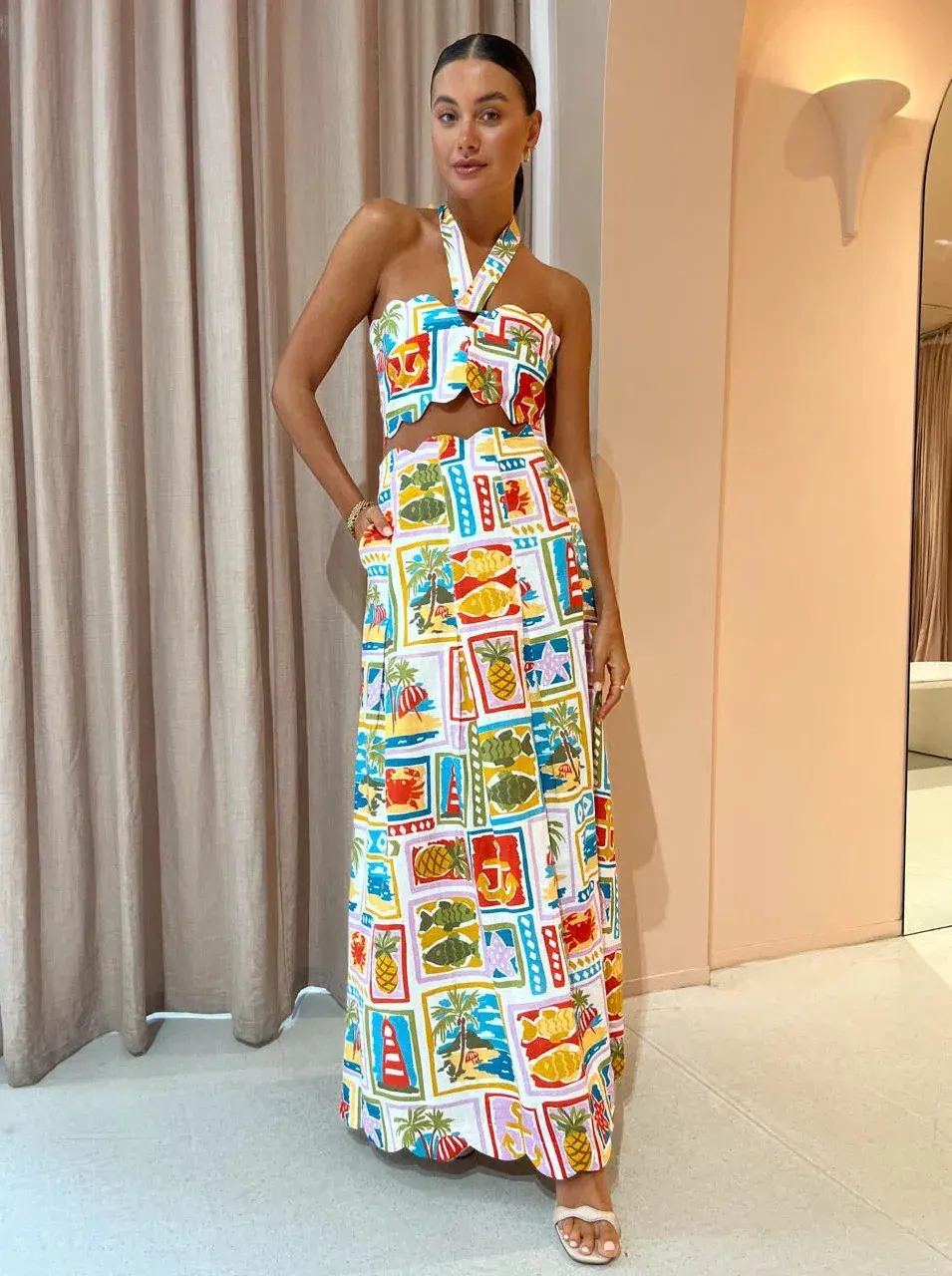 By Nicola Sea Change Top & Maxi Skirt In Summer Vacation Print Size AU 8 - Image 1