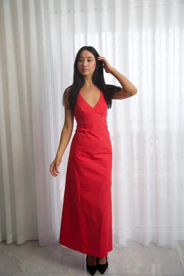 Kookaï Poplin Vee Halter Dress In Candy Red Size 34 / AU 6 - Image 5