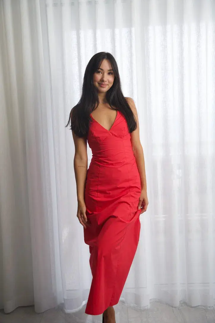 Kookaï Poplin Vee Halter Dress In Candy Red Size 34 / AU 6 - Image 3