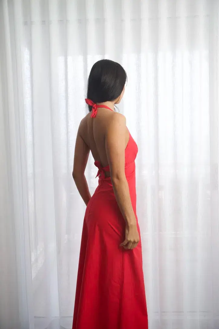 Kookaï Poplin Vee Halter Dress In Candy Red Size 34 / AU 6 - Image 6