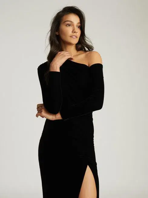 Reiss Bella Asymmetrical Neck Velvet Dress in Black Size AU 6 - Image 2