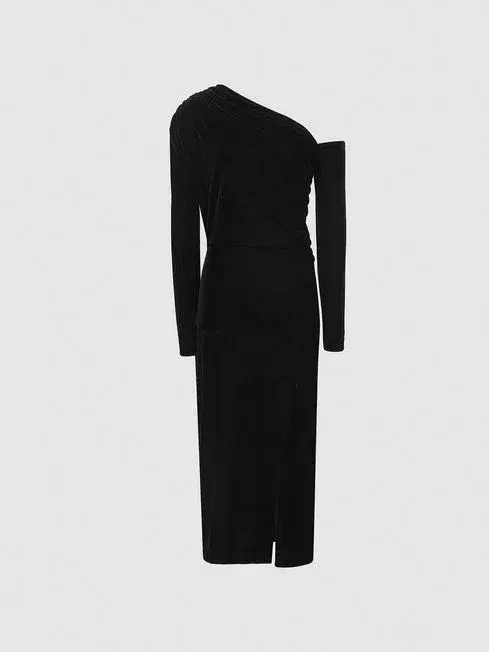 Reiss Bella Asymmetrical Neck Velvet Dress in Black Size AU 6 - Image 3