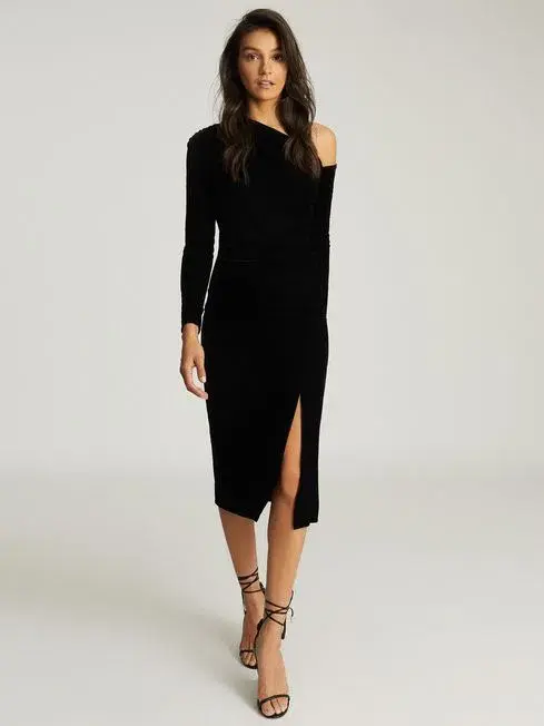 Reiss Bella Asymmetrical Neck Velvet Dress in Black Size AU 6 - Image 1