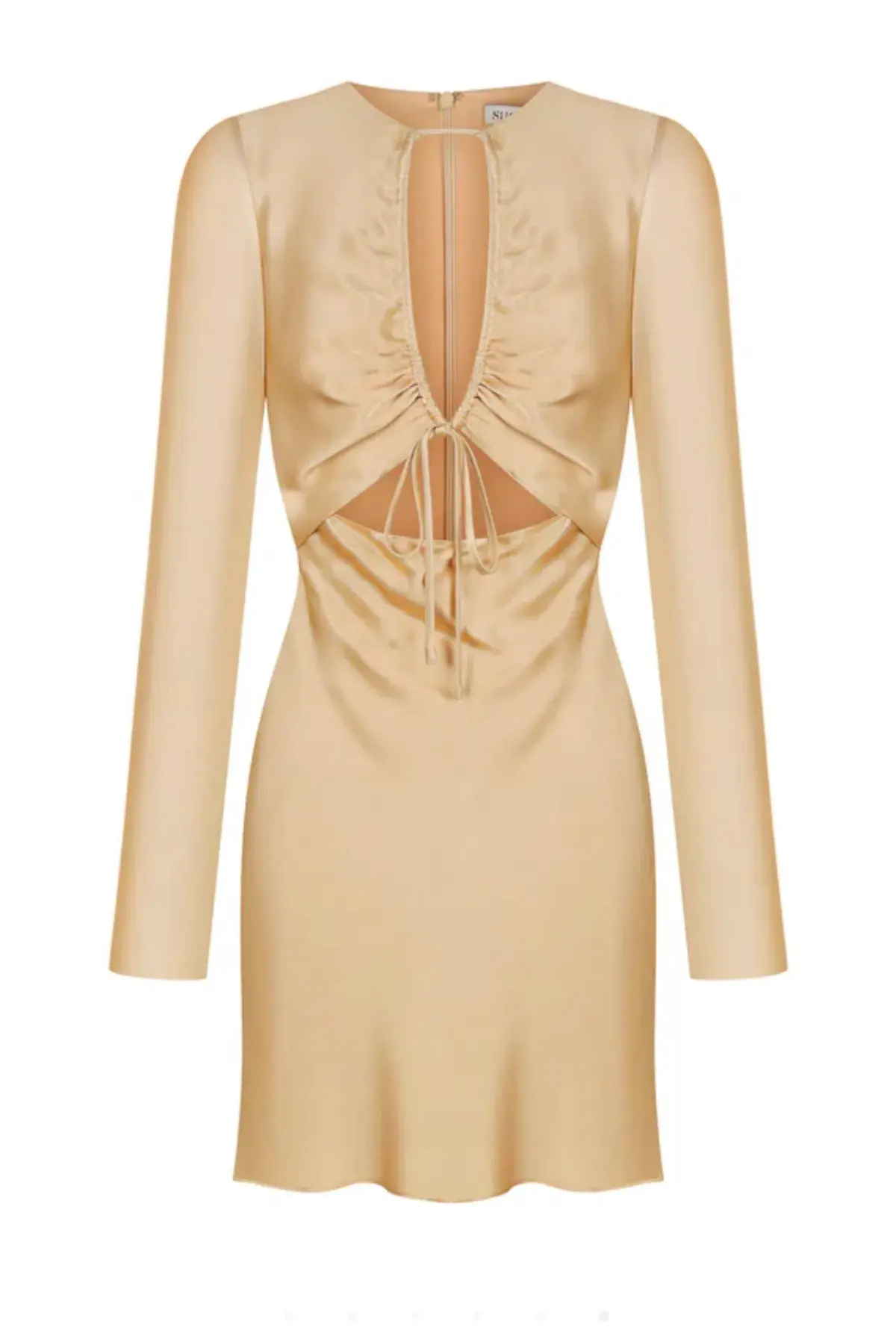 Shona Joy Felicity Long Sleeve Cut Out Front Mini Dress Porcini Cream Size AU 14 - Image 4