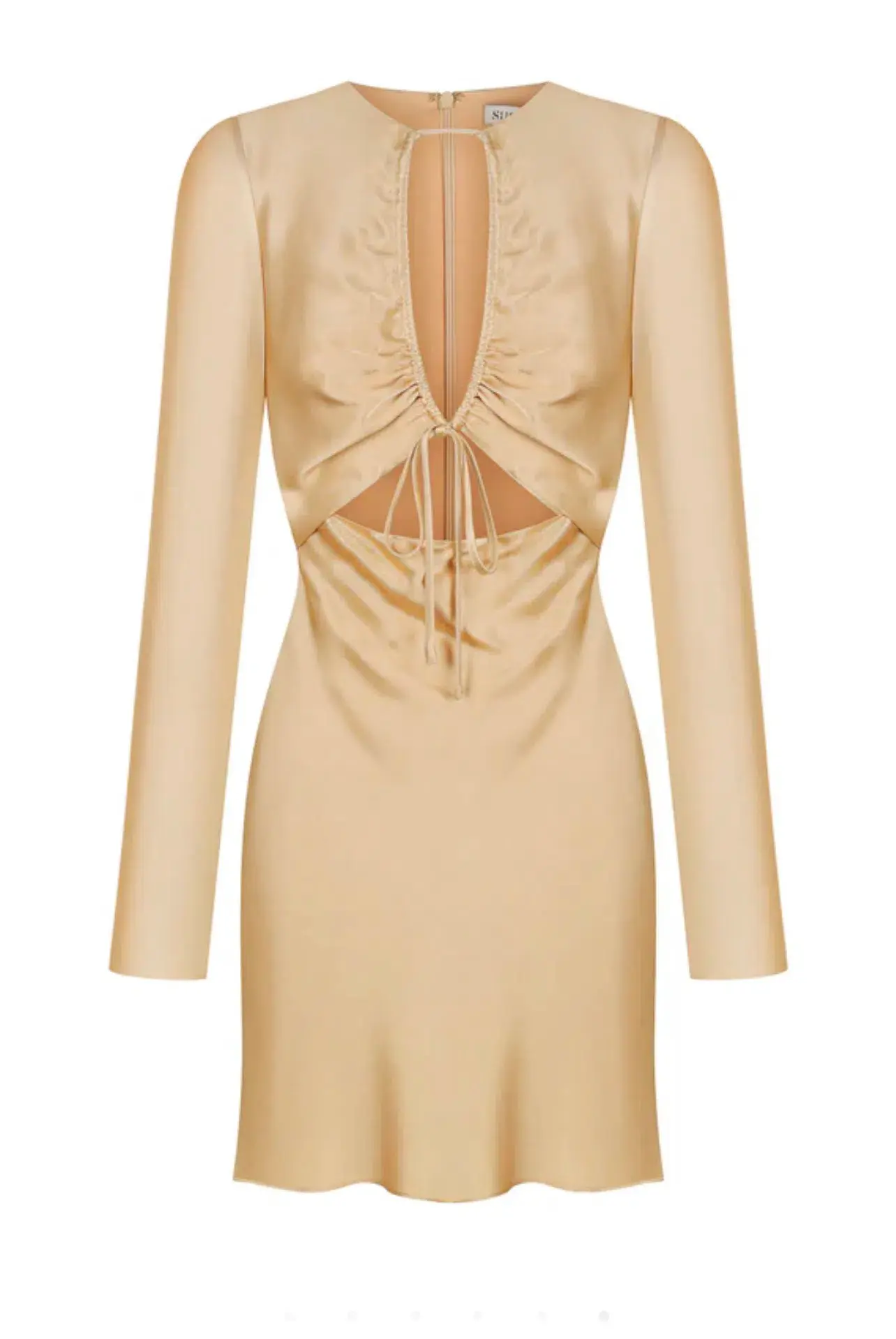 Shona Joy Felicity Long Sleeve Cut Out Front Mini Dress Porcini Cream Size AU 14 - Image 4