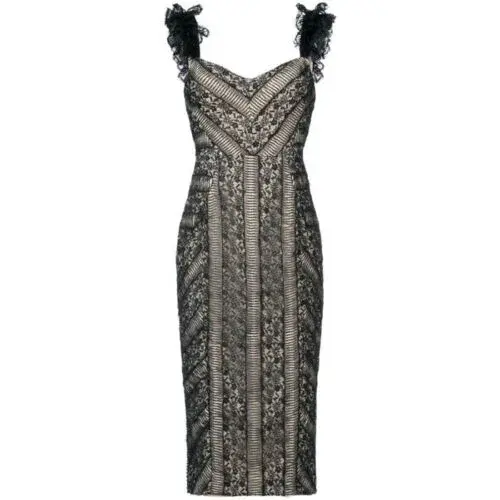 Rebecca Vallance Lou Lou Ruffle Pencil Midi Dress Lace Embroidered Black Size AU 8 - Image 3