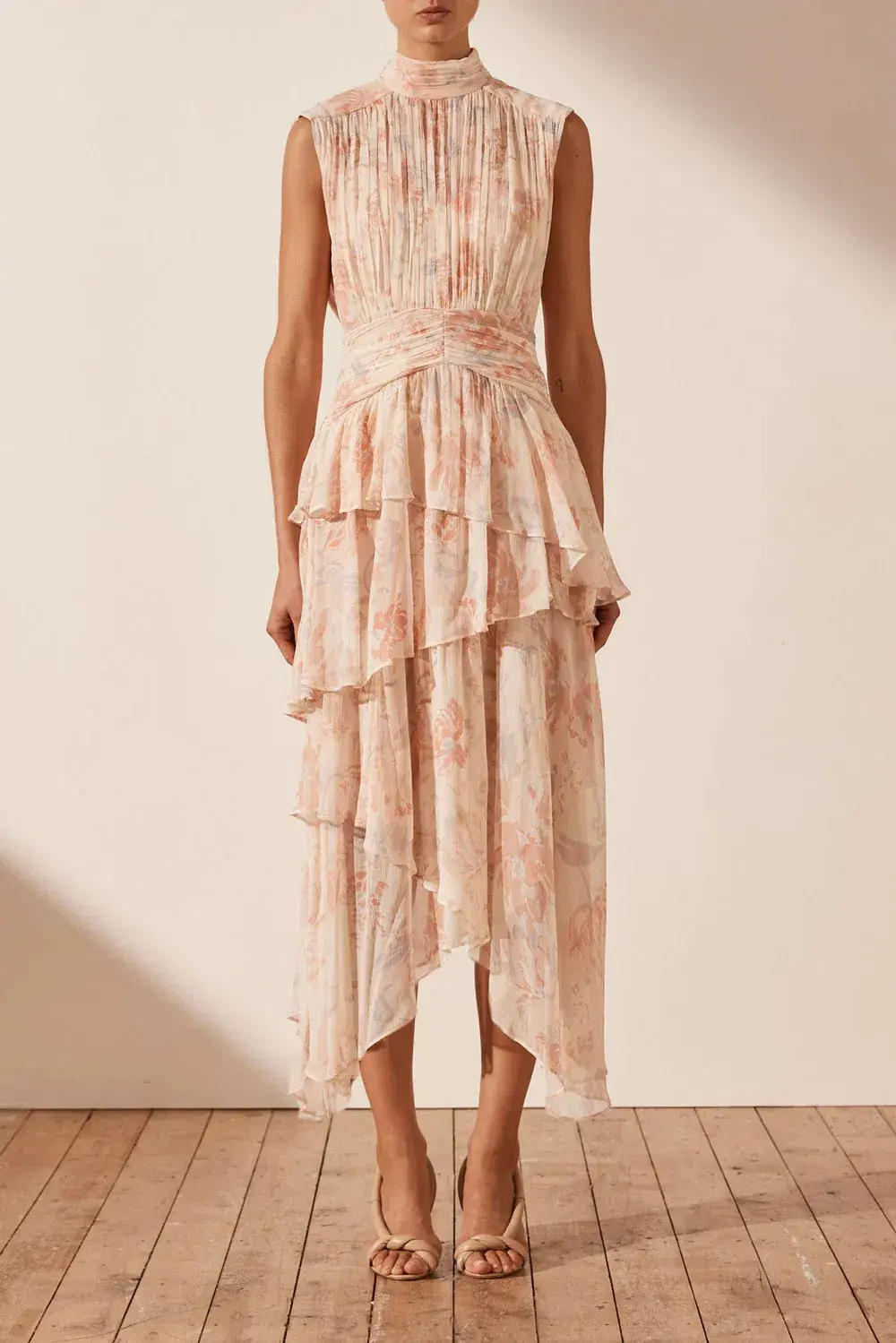 Shona Joy High Neck Midi Dress Faye Sleeveless Ruched Midi Dress in Blush Size AU 6 - Image 1