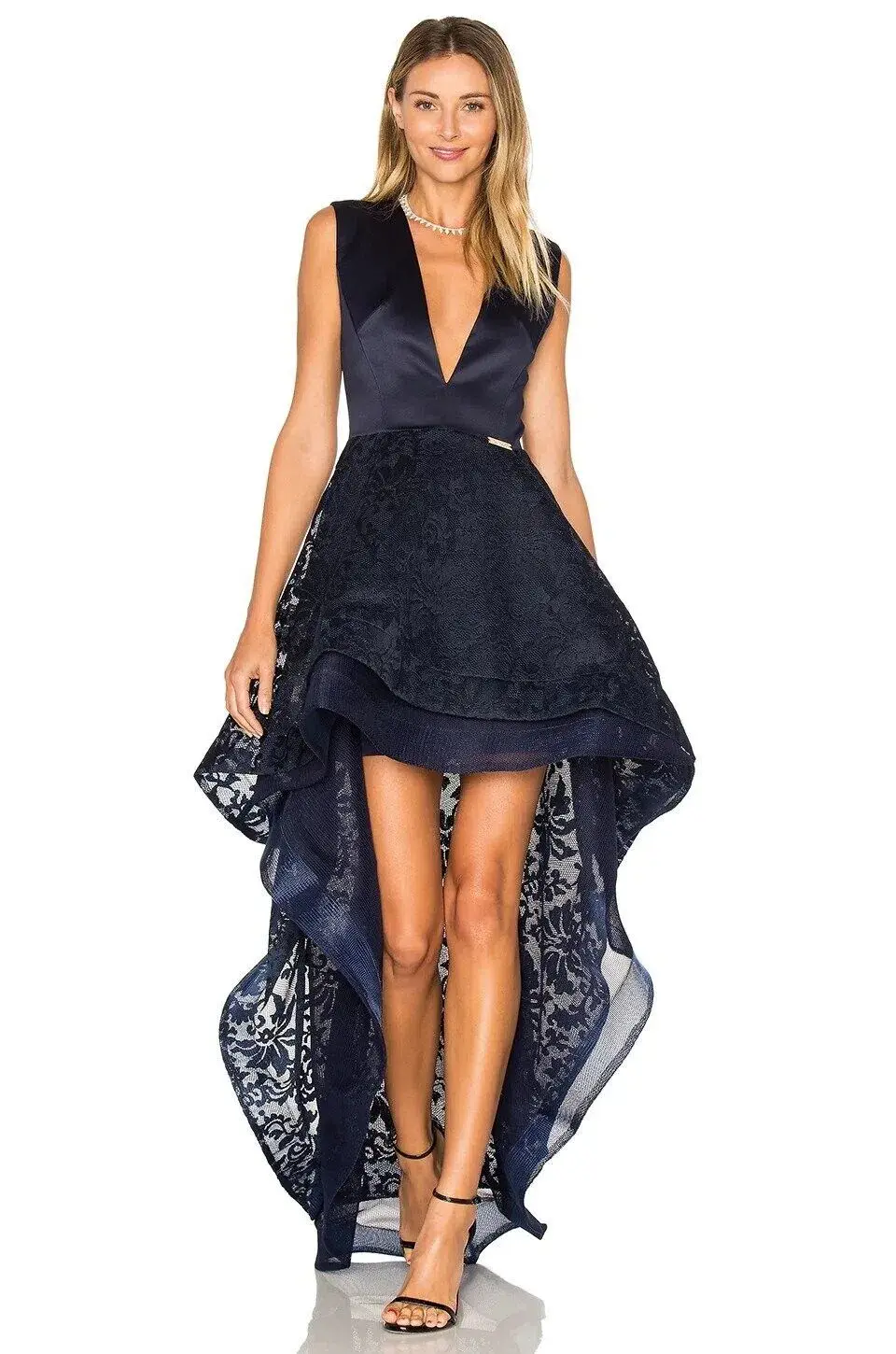 Bronx & Banco Derby High Low Embroidered Lace Dress Navy Size 10 - Image 5