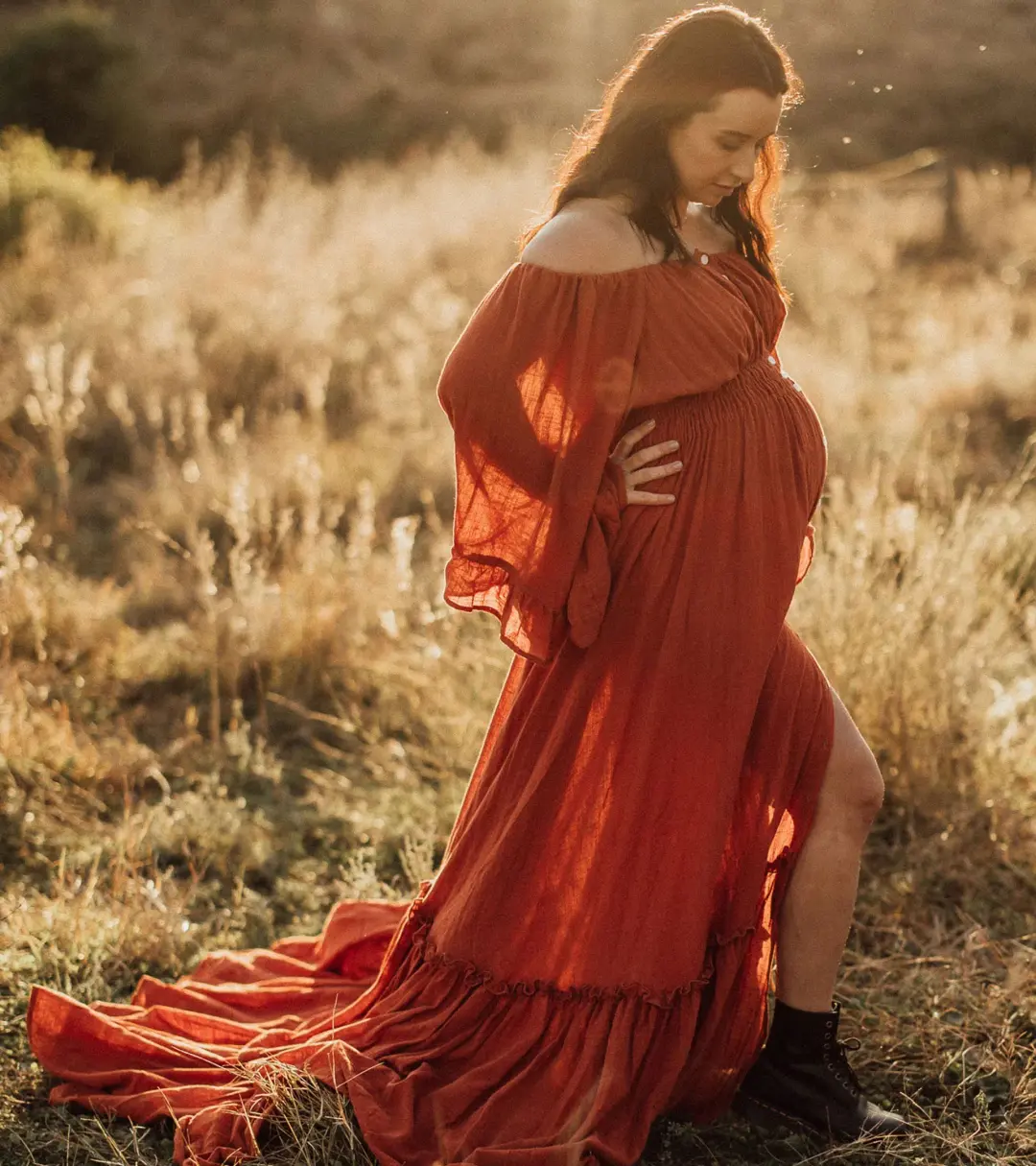 We Are Reclamation Ruffle Me Open Gown in Rust One Size Fits Most  for rent on The Volte - main image