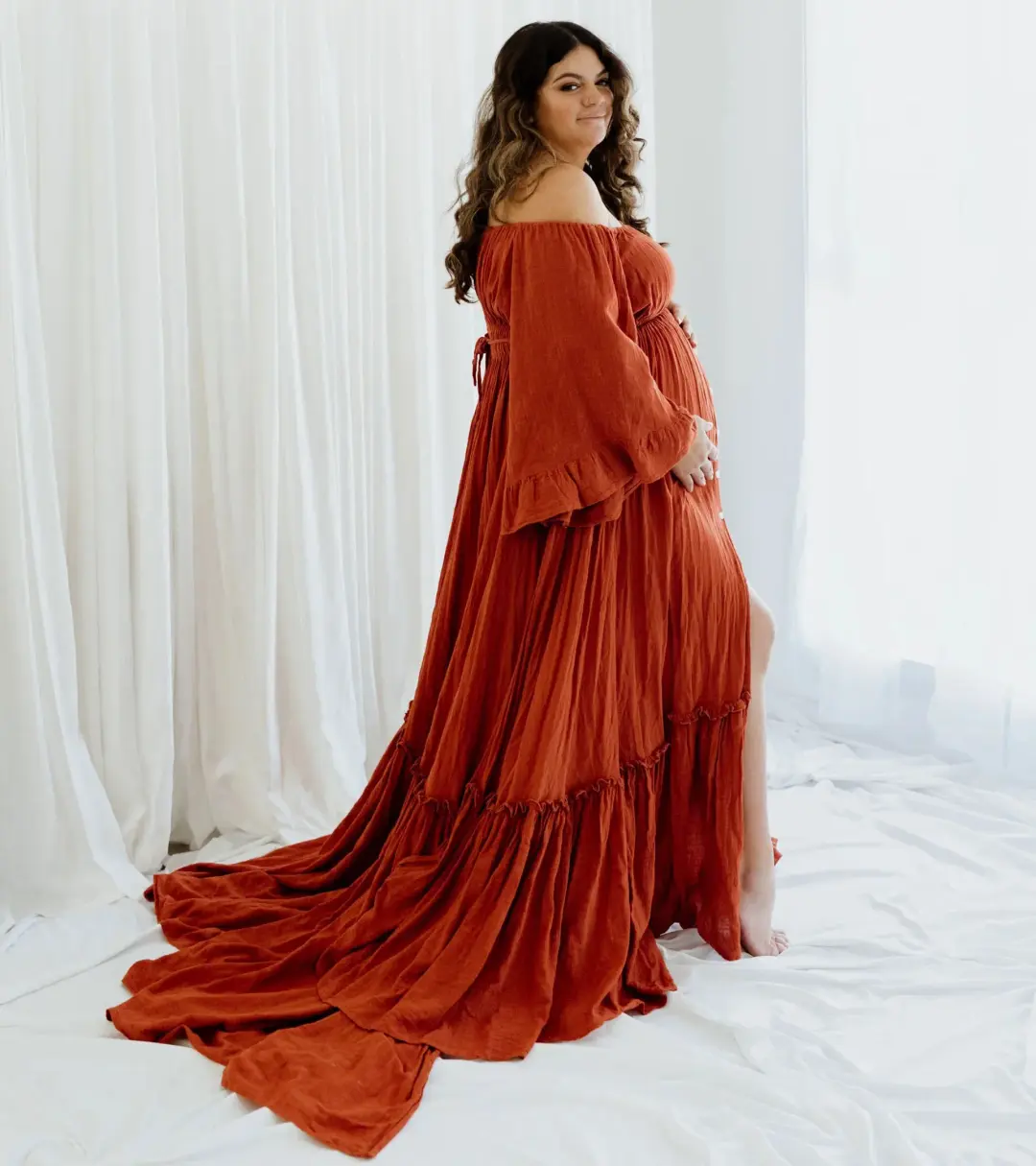 We Are Reclamation Ruffle Me Open Gown in Rust One Size Fits Most  for rent on The Volte - main image