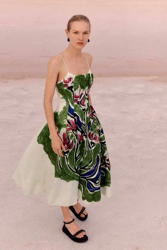 Aje Paradiso Cinched Midi Dress Sundress Green Floral Size AU 12 - Image 5