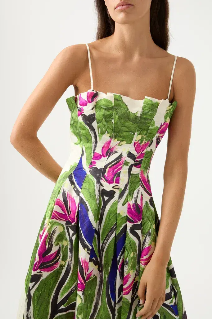 Aje Paradiso Cinched Midi Dress Sundress Green Floral Size AU 12 - Image 3